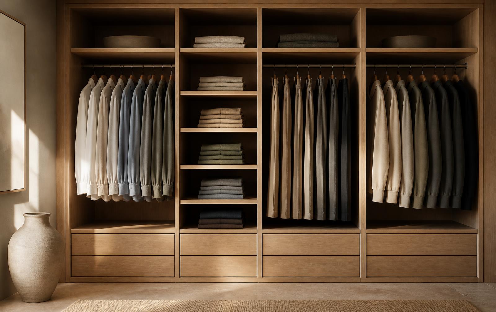An open closet of JOH shirts, shorts, pants and hoodies in natural light