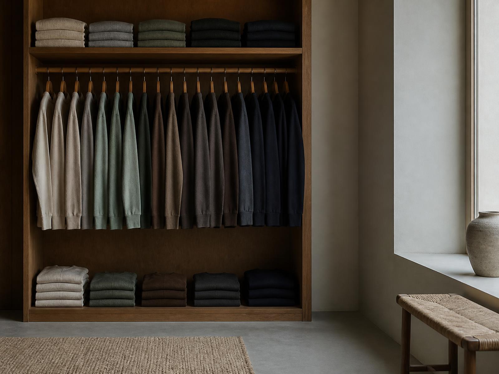 A wardrobe rail of repeated JOH silhouettes across the color system